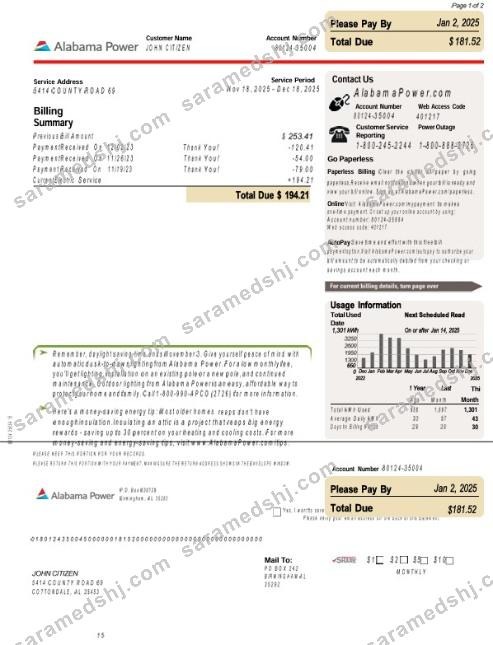 USA Alabama power utility bill